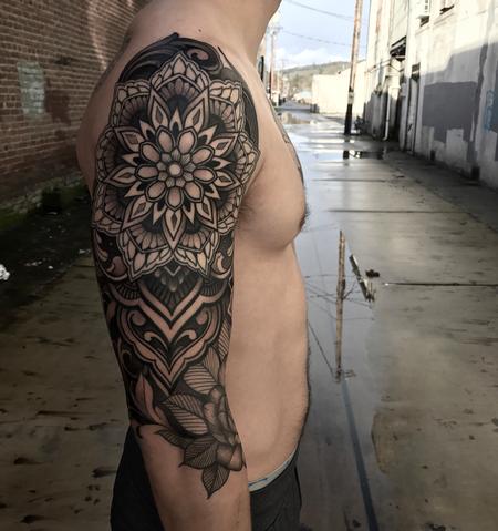 Tattoos - Mandala with rose. Ornamental half sleeve on Rowan.  - 125630